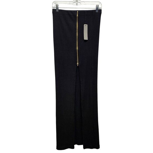 Haute Monde Black Ribbed Midi Skirt Front  Zipper Detail Adjustable Slit Size M - Picture 1 of 13